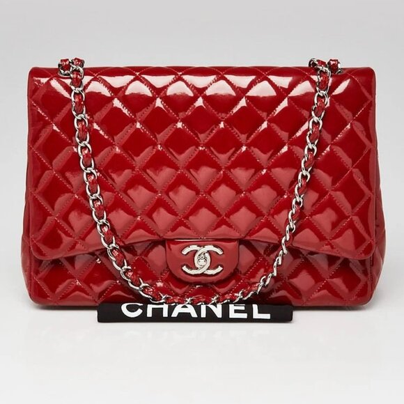 Chanel Dark Red Quilted Patent Leather Classic Maxi Double Flap Bag - Picture 10 of 10